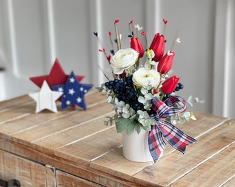 Farmhouse red white blue floral arrangement, Memorial Day Fourth of July home decor, flowers, berries, patriotic tabletop home decor festive