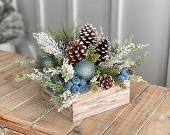 Farmhouse rustic winter arrangement blue white accents, Upscale rustic centerpiece, evergreens,pinecone arrangement, hand painted wood box