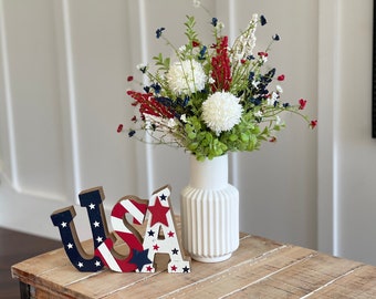 Farmhouse red white blue tall floral arrangement, Fourth of July home decor, red white and blue flowers, patriotic tabletop home decor