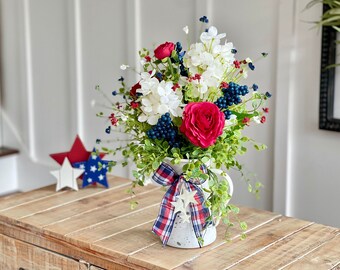 Farmhouse red white blue tall floral arrangement, Fourth of July home decor, red white flowers blue berries, patriotic tabletop home decor