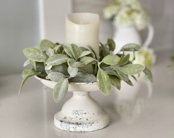 White/cream vintage inspired pedestal plate 8.25 inches Distressed finish,Pillar candle display, candleholder,display for greenery