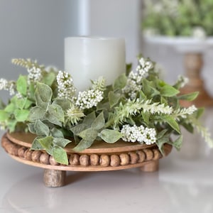 farmhouse candle ring Beautiful melody of spear shaped leaves clusters of cream berries and spires, 10-in outter 3-in inner small wreath image 2