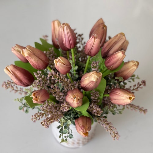 Summer French country/farmhouse style real touch tulips arrangement vintage inspired shops glazed vase spring centerpieces