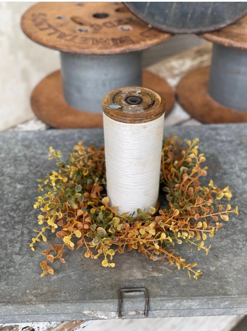 FALL NEW Candle Ring, farmhouse autumn tones of small leaf eucalyptus,boxwood greenery, autumn foliage candle rings,4.5 in/10in, image 8