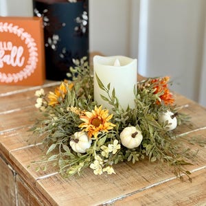 FALL Farmhouse mute green greenery with fall yellow/orange flowers, tiny pumpkins candle ring, 3 inch candle ring or small wreath decoration