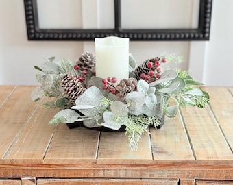 Farmhouse Christmas winter candle ring, snow and glitter candle decoration small wreath, eucalyptus pinecones candle ring 4.25 in/14 inches,