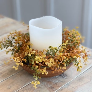 FALL NEW Candle Ring, farmhouse autumn tones of small leaf eucalyptus,boxwood greenery, autumn foliage candle rings,4.5 in/10in,