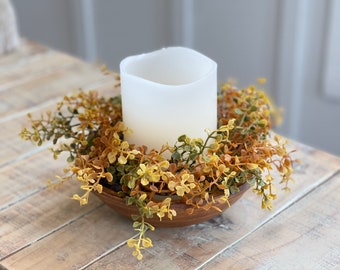 FALL NEW Candle Ring, farmhouse autumn tones of small leaf eucalyptus,boxwood greenery, autumn foliage candle rings,4.5 in/10in,