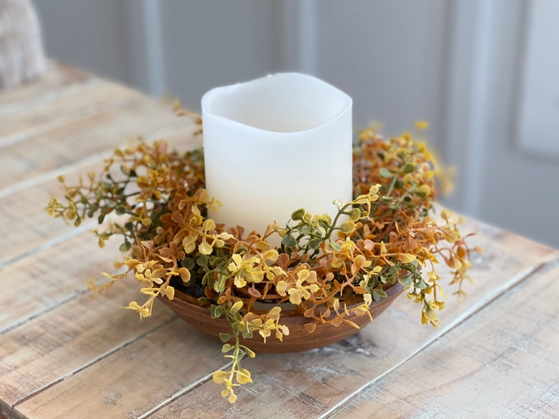 FALL NEW Candle Ring, farmhouse autumn tones of small leaf eucalyptus,boxwood greenery, autumn foliage candle rings,4.5 in/10in, image 1