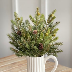 Christmas winter white spruce, evergreen, fir stem, bundle of 3 stems 16&quot; long, farmhouse winter decor, uses in vases, extra tree filler