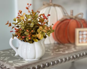 Small Fall Farmhouse rustic country greenery floral arrangement fall foliage in ceramic white pumpkin shaped pitcher/creamer, riser size