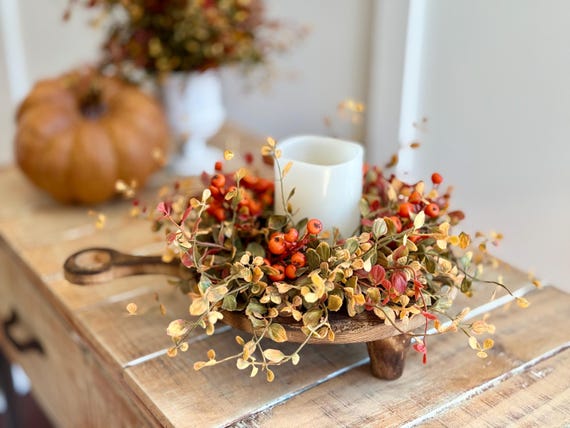 FALL Candle Ring, farmhouse inspired orange berry, small leaf airy vine plastic greenery, autumn foliage,4.25 in/12in, fall home decor