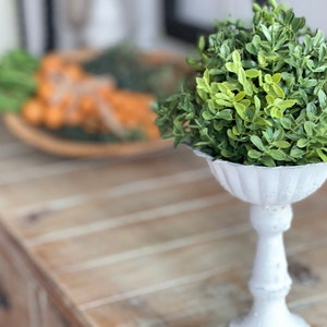 May include: A white ceramic pedestal with a fluted bowl holds a small green bush. The bush is made of artificial greenery and is a decorative accent.