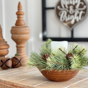 Farmhouse Christmas winter candle ring, farmhouse decoration, small wreath, lifelike black hill pine with natural pinecones  4.5 in/12 in