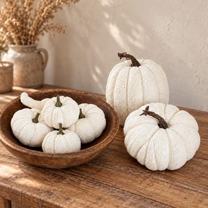 May include: A collection of white, textured pumpkins with dark brown stems. Four small pumpkins are nestled inside a round, dark brown wooden bowl, while two larger pumpkins sit separately on the wooden surface next to the bowl.