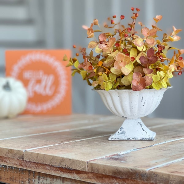 Fall farmhouse/cottage floral arrangement, tabletop decor, distressed small urn , autumn colors, small fall decor