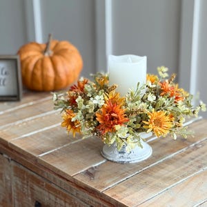 FALL Farmhouse mute green greenery,pale yellow,orange daisy like candle ring, farmhouse fall decoration, 4 inch candle ring or small wreath,