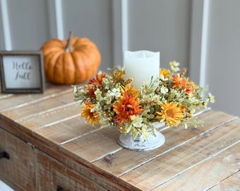 Fall Farmhouse Candle Ring: Muted Greenery, Yellow Daisies, 4 Inch