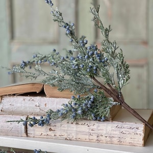 Christmas winter stem, Icy juniper blue berry pick 16&#39; long, farmhouse winter pick decor for uses in vases, containers