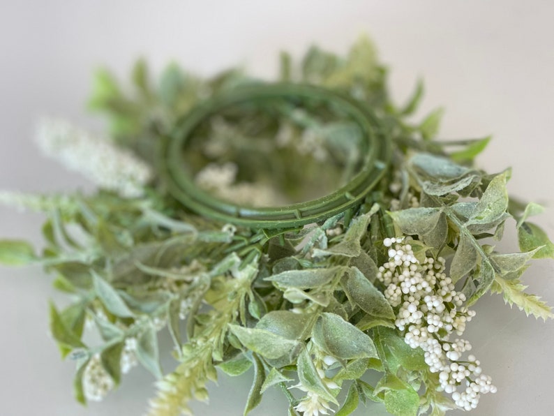 farmhouse candle ring Beautiful melody of spear shaped leaves clusters of cream berries and spires, 10-in outter 3-in inner small wreath image 5