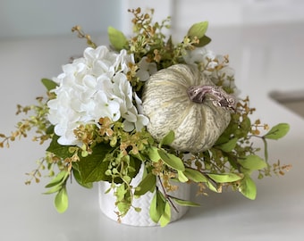 Fall neutral pumpkin white hydrangea arrangement, autumn centerpiece, white/green speckled pumpkin, light green foliage