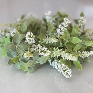 farmhouse candle ring Beautiful melody of spear shaped leaves clusters of cream berries and spires, 10-in outter 3-in inner small wreath image 6