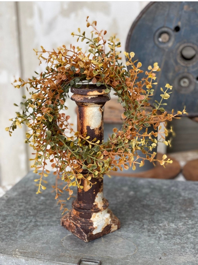 FALL NEW Candle Ring, farmhouse autumn tones of small leaf eucalyptus,boxwood greenery, autumn foliage candle rings,4.5 in/10in, image 9