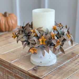 FALL Farmhouse weathered greenery with orange/mustard flower candle ring/ bowl filler, fall decoration, 4 inch candle ring and/or 1/2 sphere