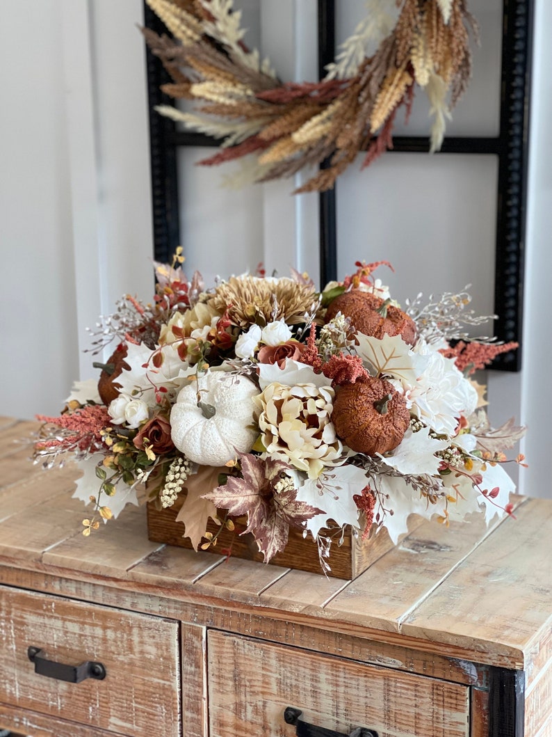 LARGE Fall/autumn pumpkin flower arrangement, large brown, burnt orange gold, white pumpkins, fall autumn flowers, light stained pine box image 1