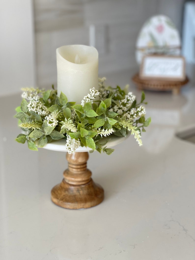 farmhouse candle ring Beautiful melody of spear shaped leaves clusters of cream berries and spires, 10-in outter 3-in inner small wreath image 3