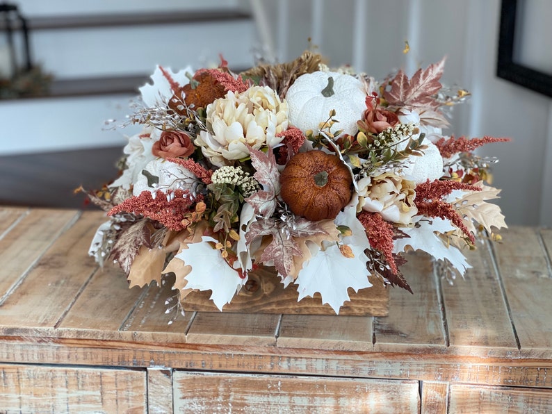 LARGE Fall/autumn pumpkin flower arrangement, large brown, burnt orange gold, white pumpkins, fall autumn flowers, light stained pine box image 5