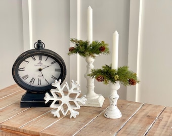 Christmas Farmhouse taper candle ring, white spruce evergreen taper candle ring,2 in center,7 in width