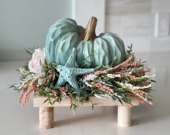 Large Fall coastal, beachy pumpkin Centerpiece, Pumpkin on a riser, teal blue pumpkin, whitewash wood,Greenery ,coral white spray flowers