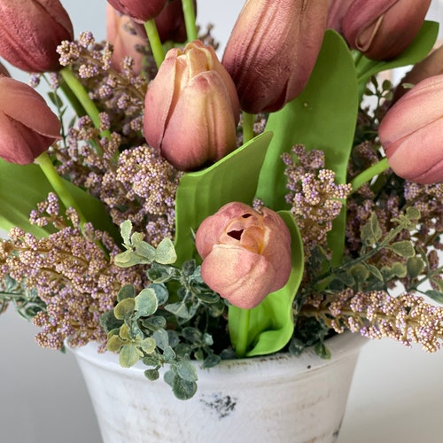 Summer French country/farmhouse style real touch tulips arrangement vintage inspired shops glazed vase spring centerpieces