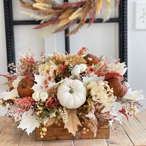 LARGE Fall/autumn pumpkin flower arrangement, large brown, burnt orange gold, white pumpkins, fall autumn flowers, light stained pine box image 7