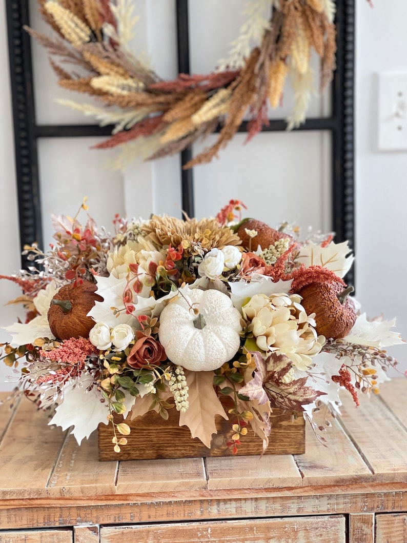 LARGE Fall/autumn pumpkin flower arrangement, large brown, burnt orange gold, white pumpkins, fall autumn flowers, light stained pine box image 7