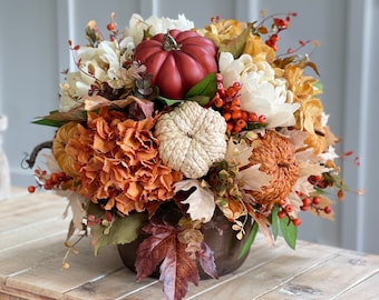 LARGE Fall farmhouse floral arrangement, autumn flowers pumpkin centerpiece, orange brown green tan gold pumpkins, large fabric flower