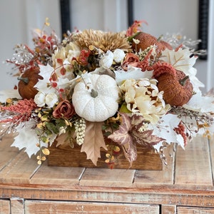 LARGE Fall/autumn pumpkin flower arrangement, large brown, burnt orange gold, white pumpkins, fall autumn flowers, light stained pine box image 3