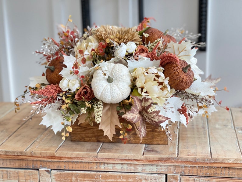 LARGE Fall/autumn pumpkin flower arrangement, large brown, burnt orange gold, white pumpkins, fall autumn flowers, light stained pine box image 3