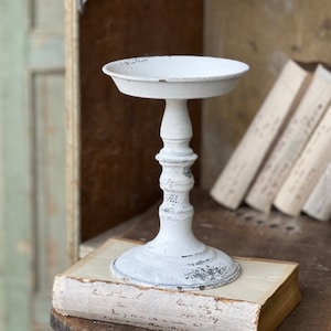 White/cream vintage inspired pedestal plate , Distressed finish, Pillar candle display, candleholder,display for greenery