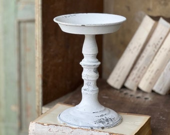 White/cream vintage inspired pedestal plate , Distressed finish, Pillar candle display, candleholder,display for greenery