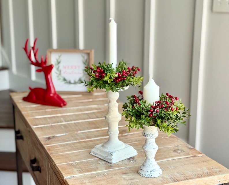 Christmas Candle Rings Red Berry  Boxwood Farmhouse Decor set of 2 2inch Center