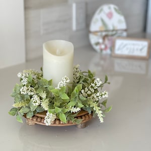 farmhouse candle ring Beautiful melody of spear shaped leaves clusters of cream berries and spires, 10-in outter 3-in inner small wreath image 1