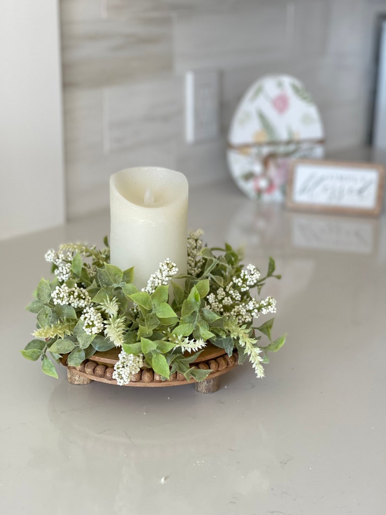 farmhouse candle ring Beautiful melody of spear shaped leaves clusters of cream berries and spires, 10-in outter 3-in inner small wreath image 1