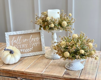 Fall autumn farmhouse style with warm neutral fall foliage candle ring, half sphere, neutral tan/gold allium spheres, tiny weathered foliage