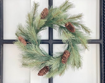 Christmas/winter Whitley pine wreath, large candle lantern display decor, life like evergreens ,16 in wreath, small wreath, hood range decor