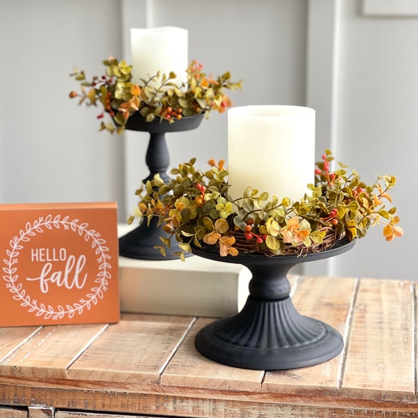 Fall eucalyptus, boxwood greenery candle rings, autumn foliage candle rings, 2 sizes, candle decoration for fall yellow orange greenery