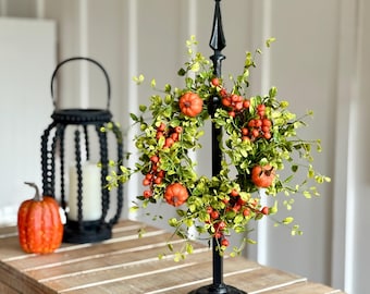 Fall Candle Ring Wreath: Green Leaf Vine, Pumpkins & Berries