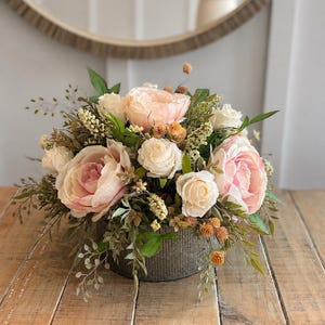 Elegant Autumn Rose Arrangement: Neutral Summer Through Fall Centerpiece, Faux Summer Floral Arrangement, Farmhouse Table Decor, Cottagecore