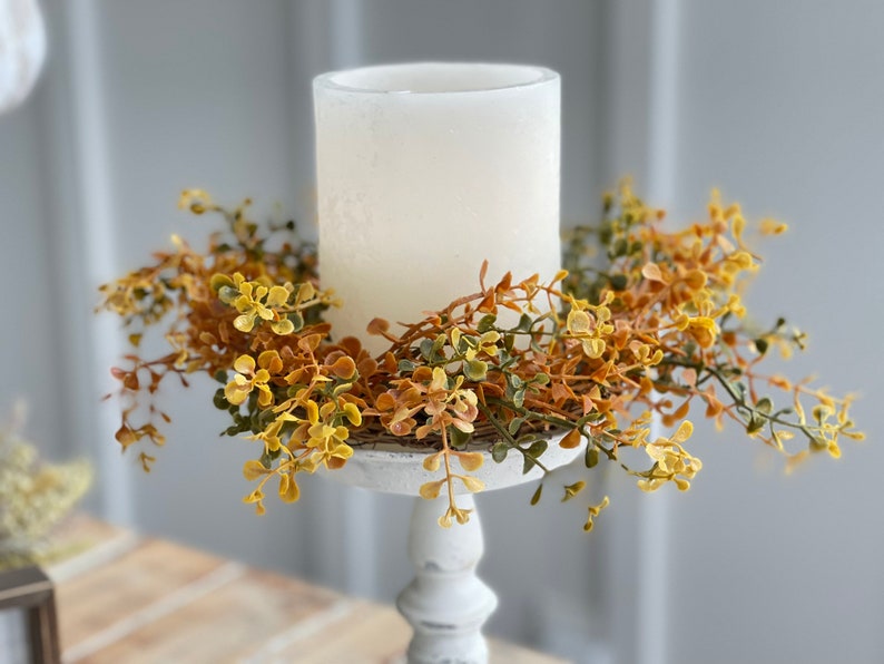 FALL NEW Candle Ring, farmhouse autumn tones of small leaf eucalyptus,boxwood greenery, autumn foliage candle rings,4.5 in/10in, image 5